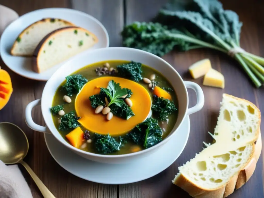 Una deliciosa sopa de otoño sin gluten con calabaza, kale y verduras, servida en una mesa rústica acogedora