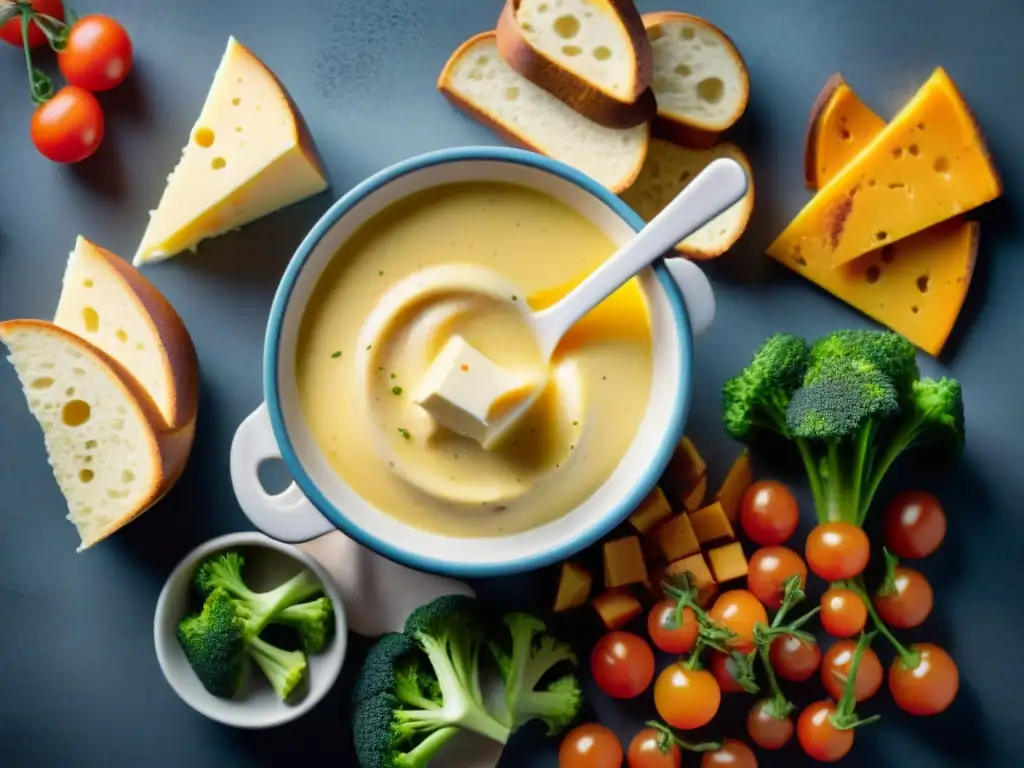 Deliciosa fondue sin gluten receta suiza con queso dorado y variedad de dipers coloridos