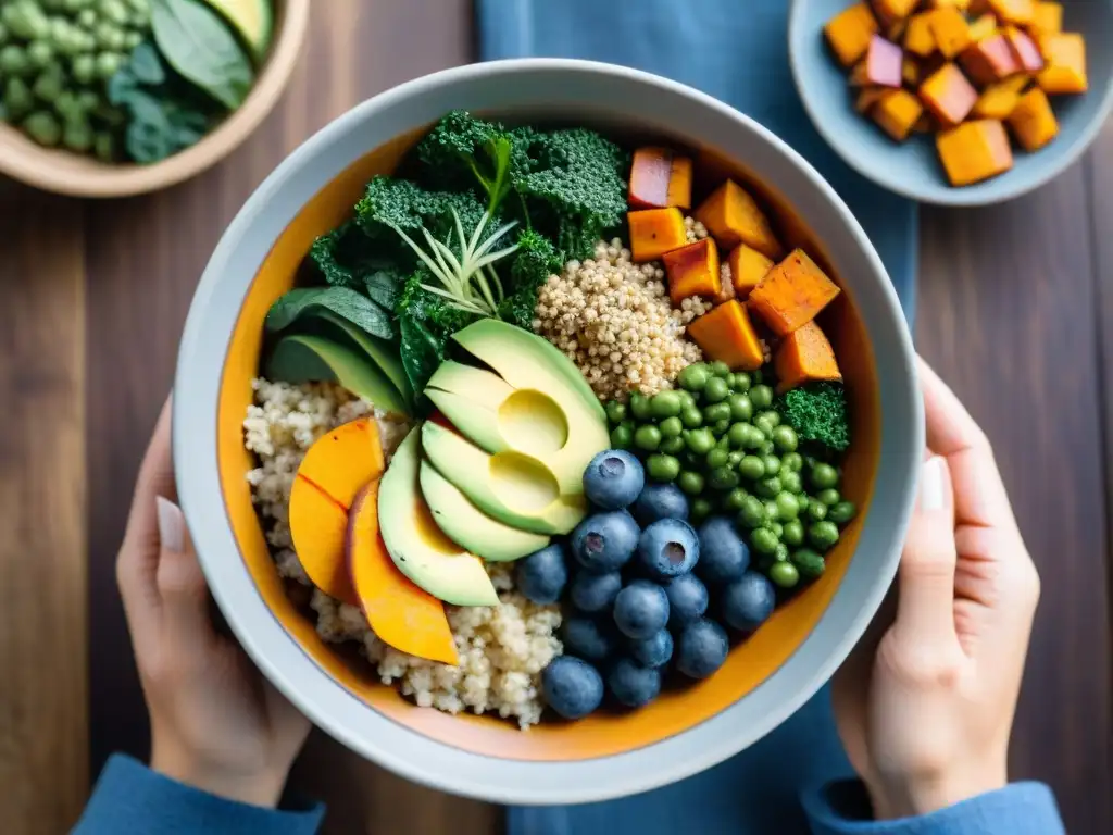 Deliciosa combinación de superfoods sin gluten en un bowl colorido y vibrante, sobre una mesa rústica