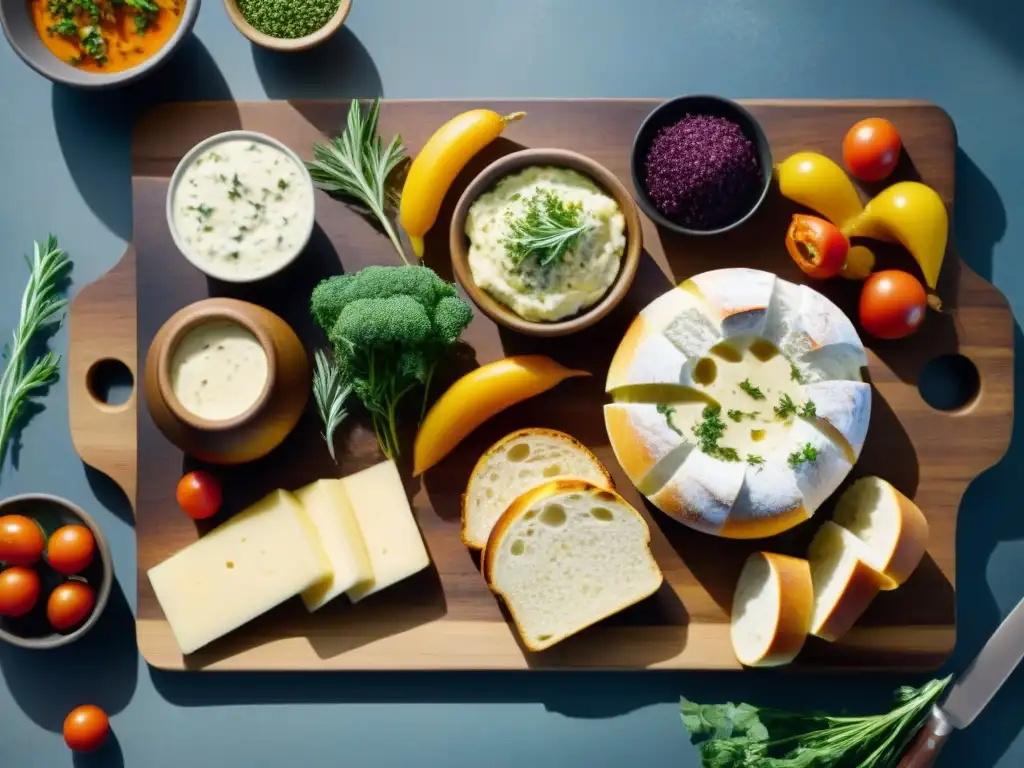 Deliciosa tabla de acompañamientos sin gluten para panecillos, con verduras asadas, quesos artesanales y dips coloridos