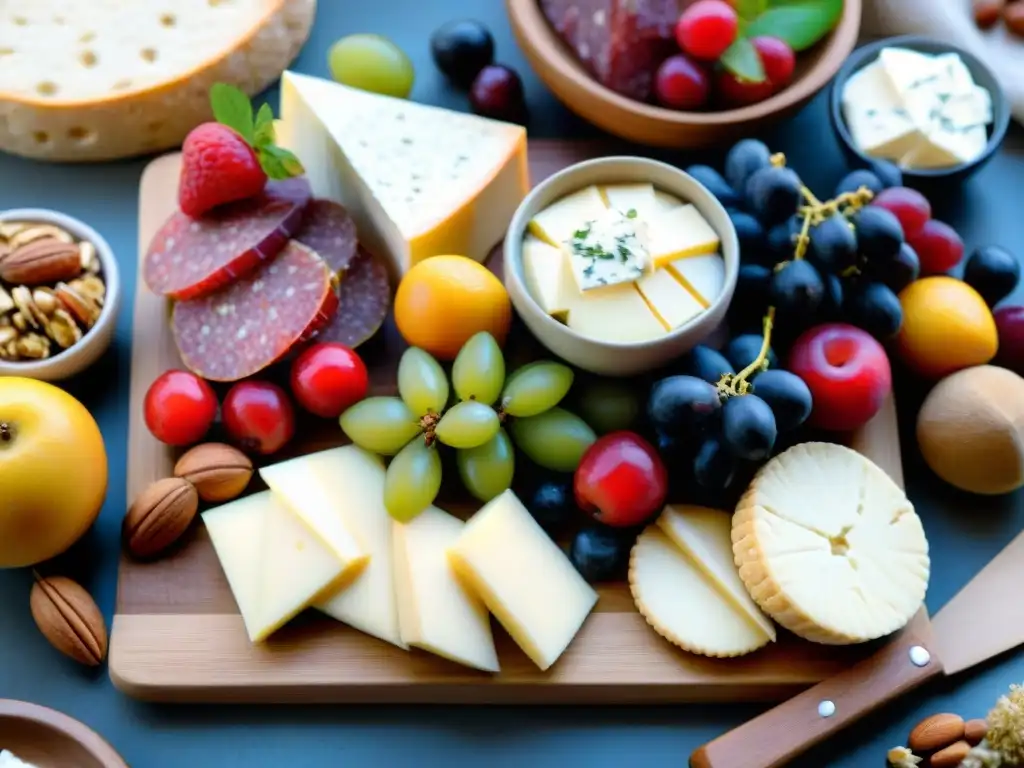 Deliciosa tabla de alimentos sin gluten para celíacos, repleta de frutas, quesos, crackers y nueces, exquisitamente presentados