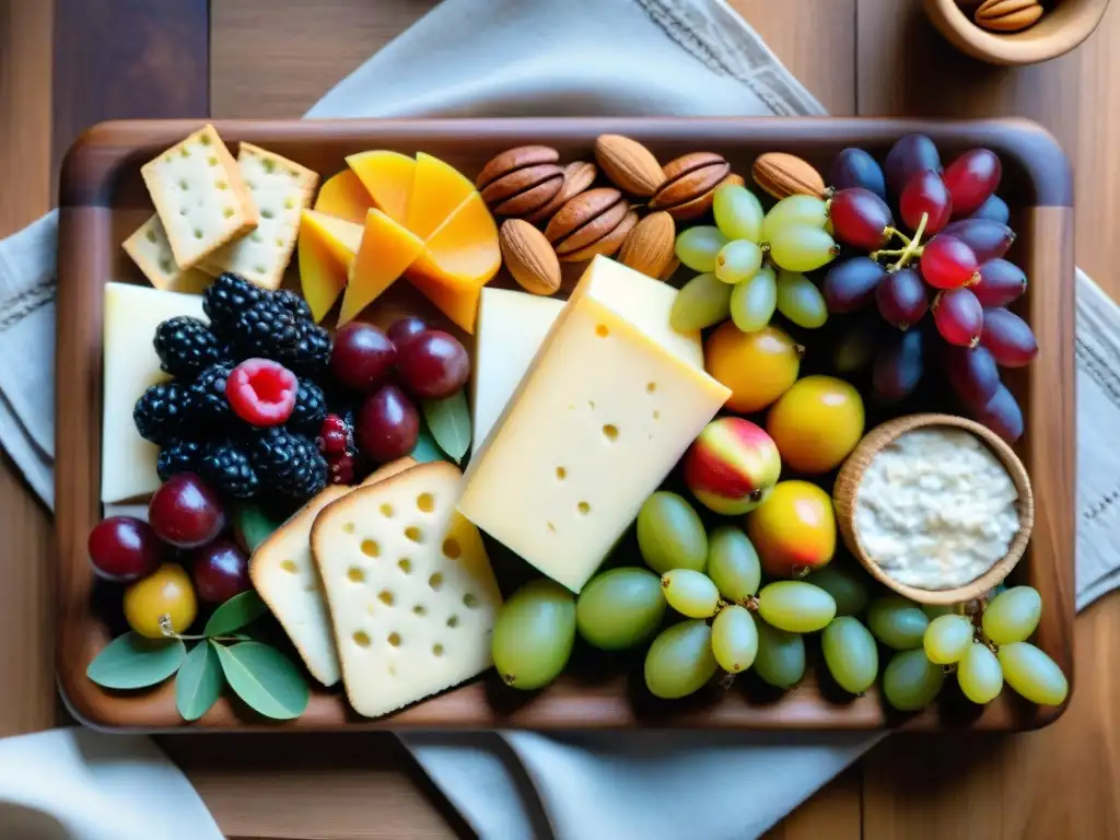 Una deliciosa tabla de aperitivos sin gluten fácil, repleta de frutas, quesos, nueces y galletas coloridas sobre madera rústica