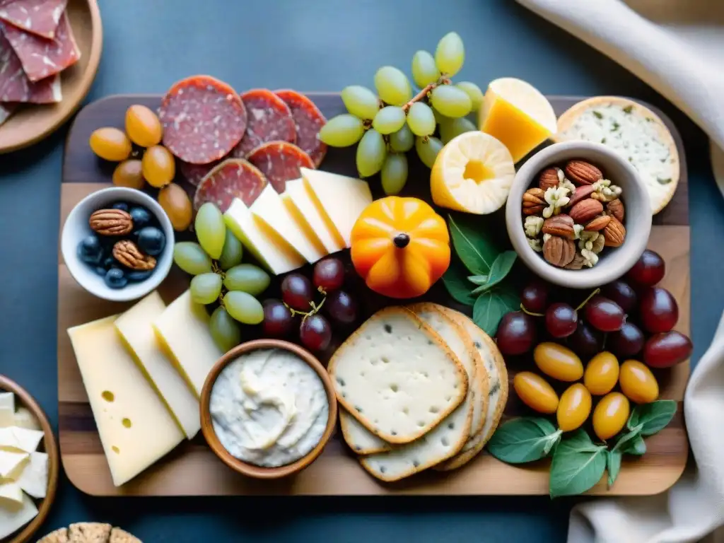 Deliciosa tabla de embutidos sin gluten en fiestas, con variedad de quesos, frutas y frutos secos en una presentación colorida y vibrante