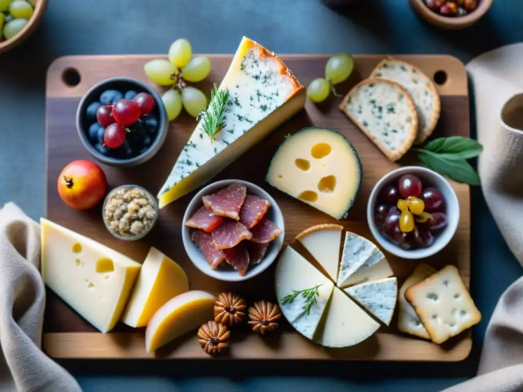 Una deliciosa tabla de embutidos sin gluten con quesos gourmet, frutas frescas y crackers artesanales, sobre una mesa rústica