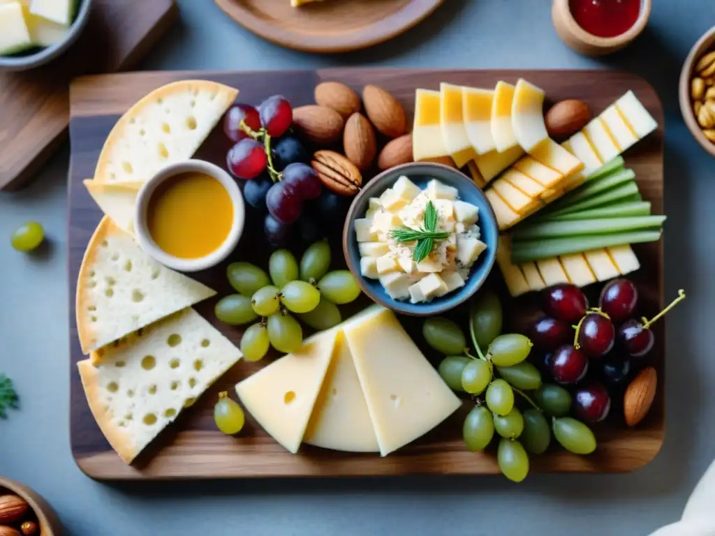 Deliciosa tabla de embutidos: snacks sin gluten fáciles con crackers, quesos, frutas y frutos secos en tabla de madera rústica