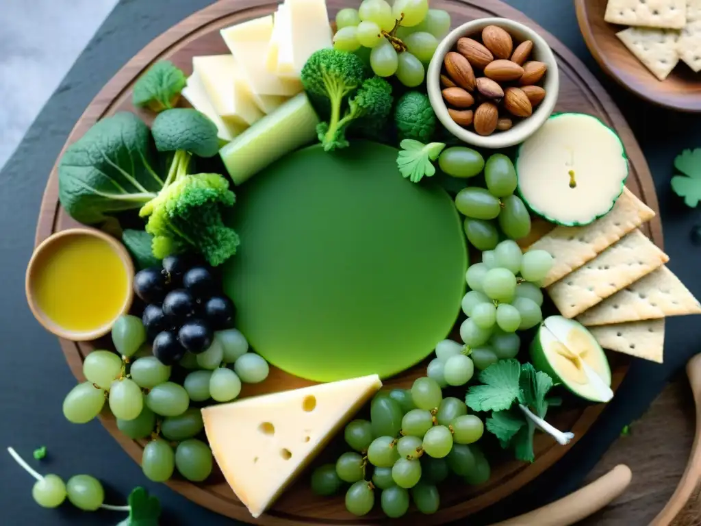 Deliciosa tabla de fiambres sin gluten para San Patricio, con una variedad de alimentos verdes vibrantes en una presentación artística