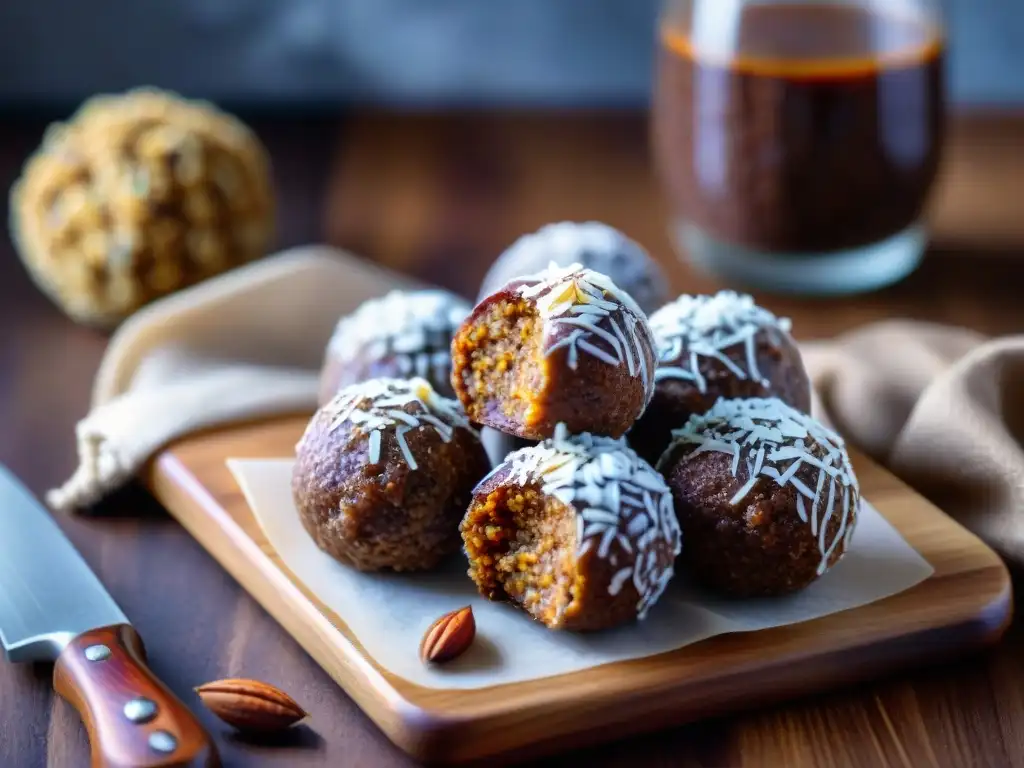 Deliciosa tabla de cortar de madera con bolas energéticas sin gluten decoradas, recetas bolas energéticas sin gluten