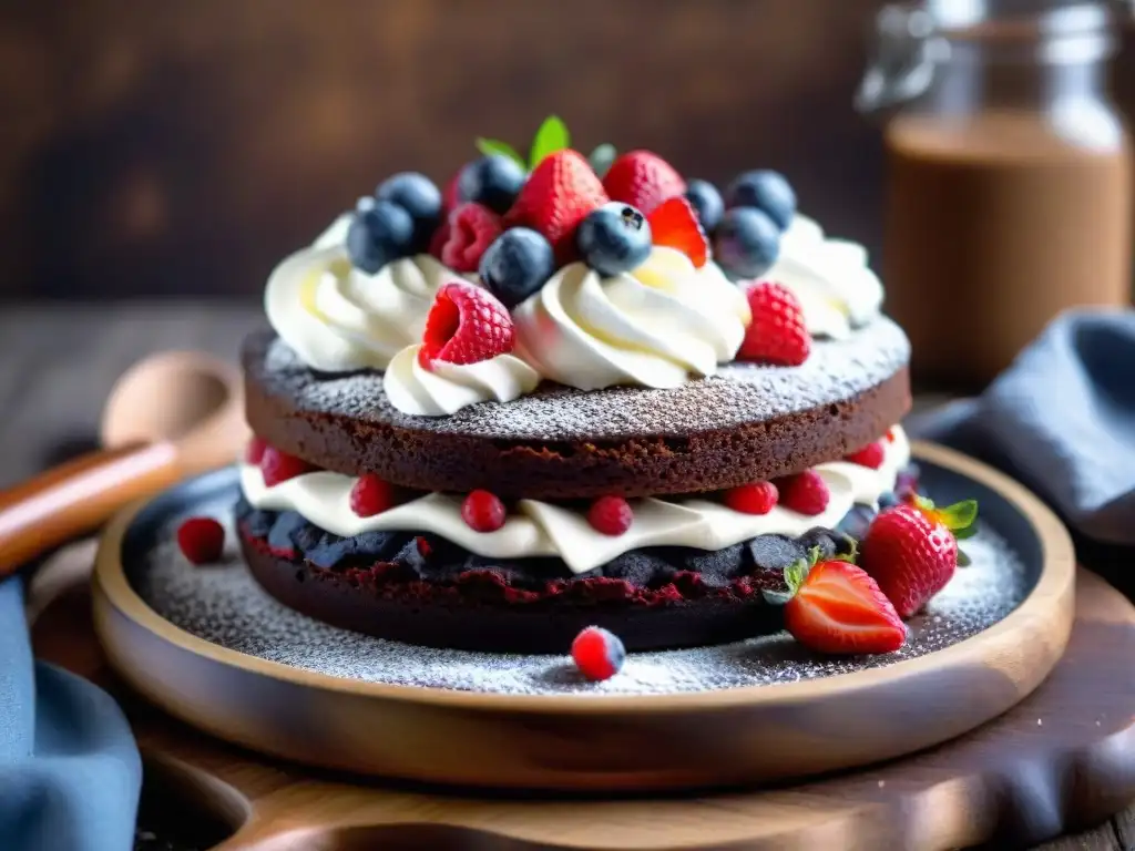 Deliciosa tarta de chocolate sin gluten, fermentada y decorada con frutos rojos y crema de coco, en plato de madera