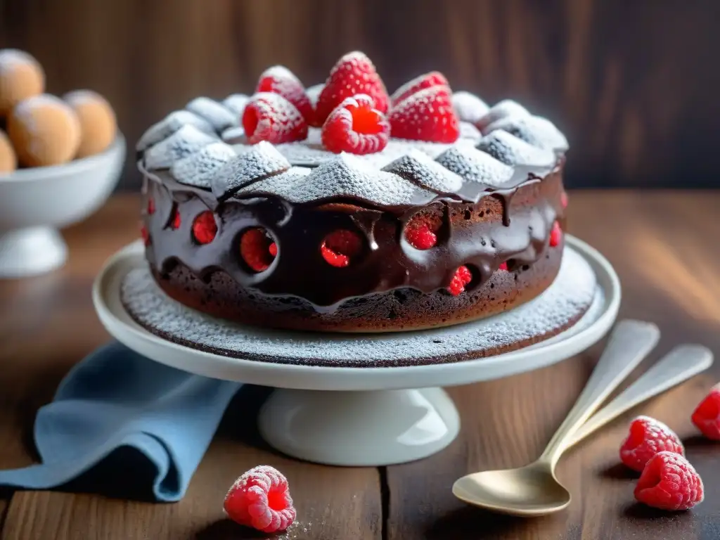 Deliciosa tarta de chocolate sin harina con frambuesas frescas, presentada sobre una mesa de madera rústica