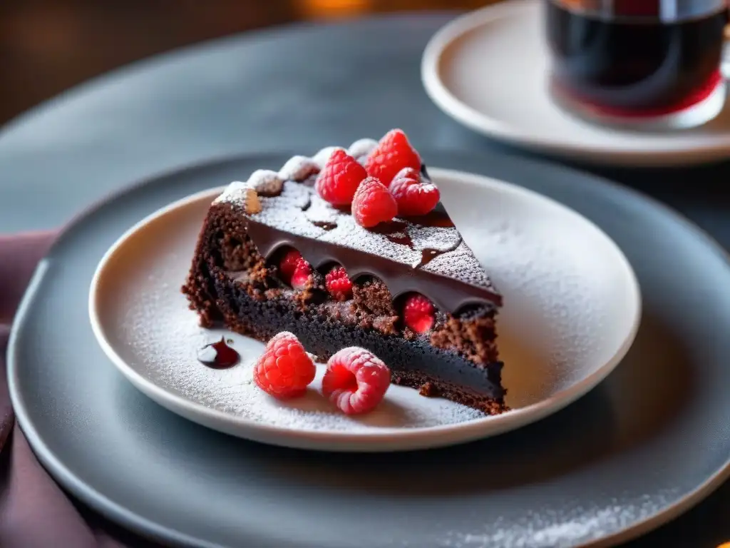 Deliciosa tarta de chocolate sin harina con frambuesas, azúcar glas y vino tinto en café acogedor