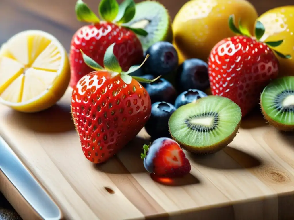 Una deliciosa tarta de frutas sin gluten con fresas, arándanos, frambuesas, kiwi y mango frescos sobre una tabla de madera