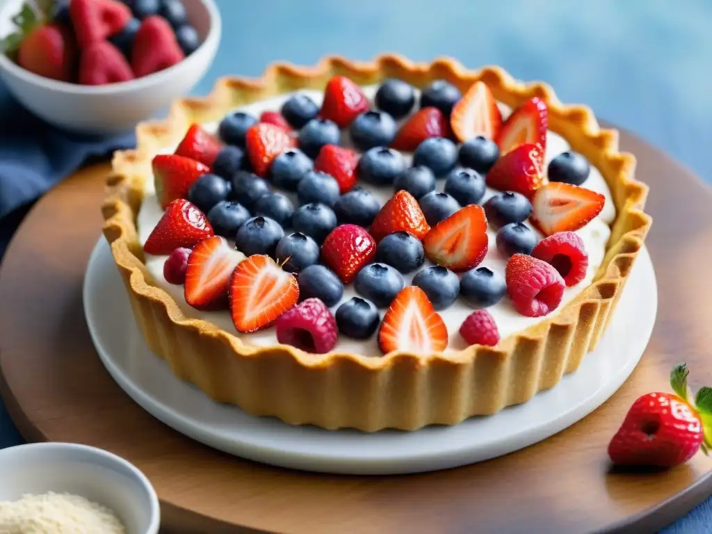 Deliciosa tarta de frutas sin gluten con tapioca, decorada con fresas, arándanos y frambuesas frescas en una mesa de madera rústica