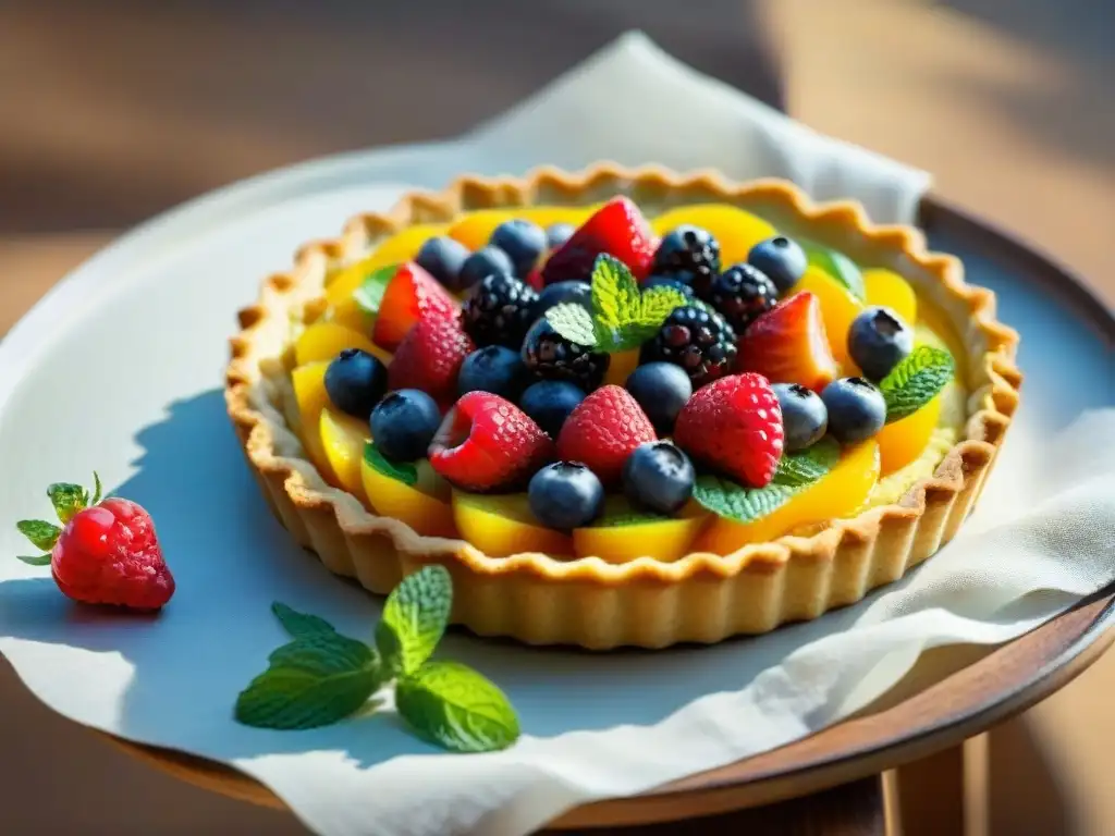 Deliciosa tarta de frutas sin gluten con base de tapioca, decorada con moras frescas y hojas de menta