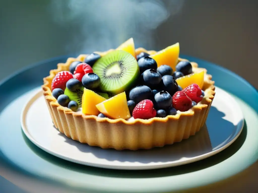 Deliciosa tarta de frutas sin gluten con bayas y kiwi, lista para disfrutar