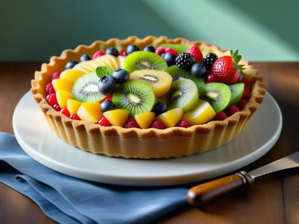 Deliciosa tarta de frutas sin gluten con kiwi, moras y menta en mesa rústica