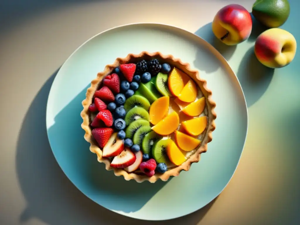 Una deliciosa tarta de frutas sin gluten con rebanadas vibrantes y coloridas de frutas variadas sobre una base dorada perfecta