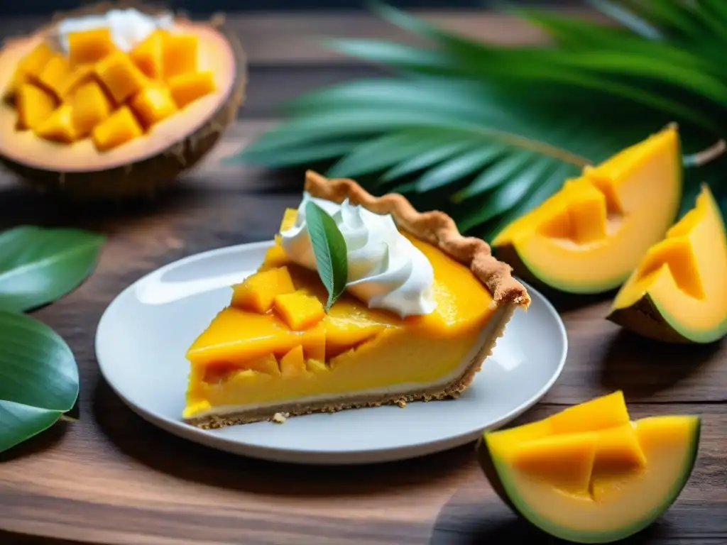 Deliciosa tarta sin gluten con coco y mango, sobre una mesa rústica con hojas tropicales