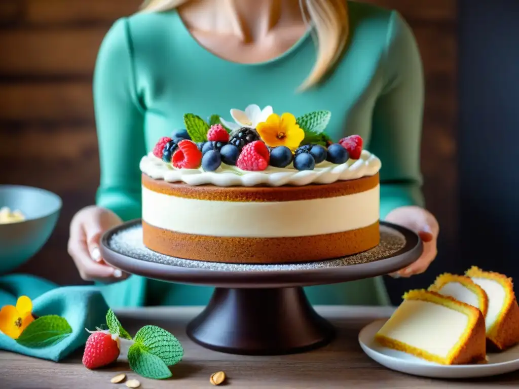 Deliciosa tarta sin gluten decorada con ingredientes naturales y coloridos