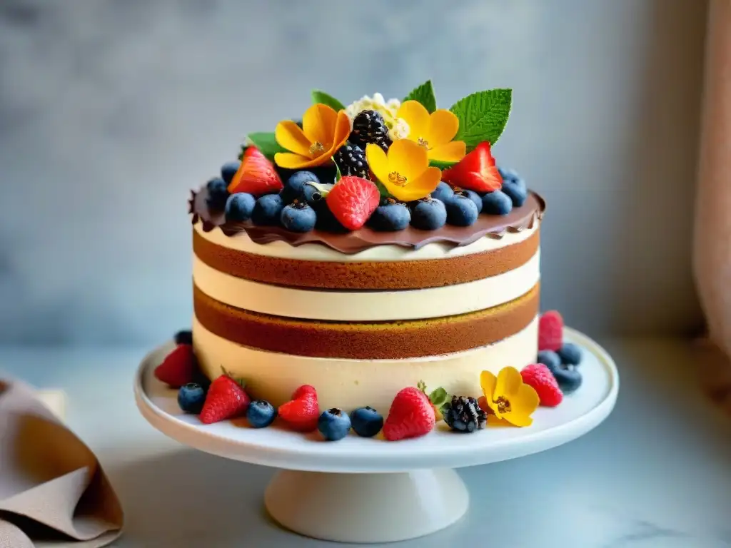 Deliciosa tarta sin gluten decorada con frutas frescas, flores comestibles y virutas de chocolate