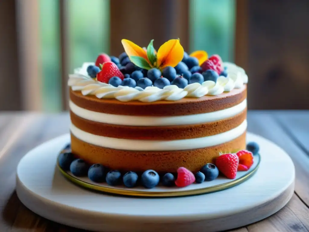 Deliciosa tarta sin gluten decorada con frutas y flores, en ambiente cálido y acogedor