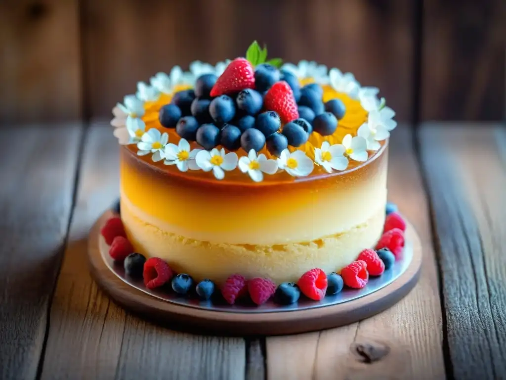 Deliciosa tarta sin gluten con edulcorantes naturales y decoración colorida en una mesa de madera rústica