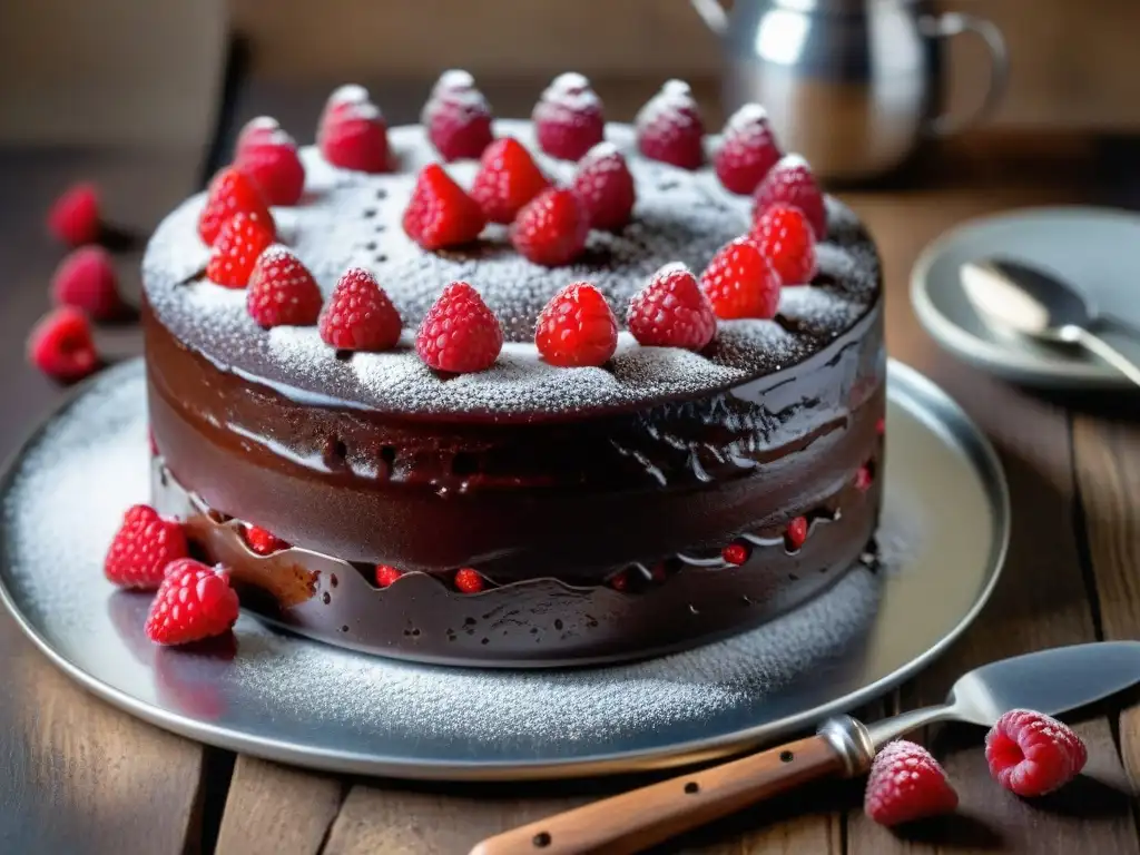 Deliciosa tarta sin gluten con ganache y frambuesas, en mesa rústica