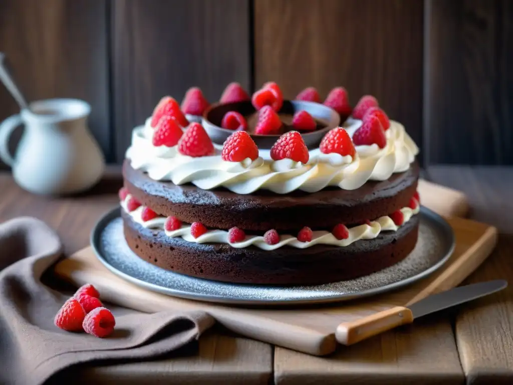 Deliciosa tarta sin gluten con frambuesas y cacao, en mesa rústica