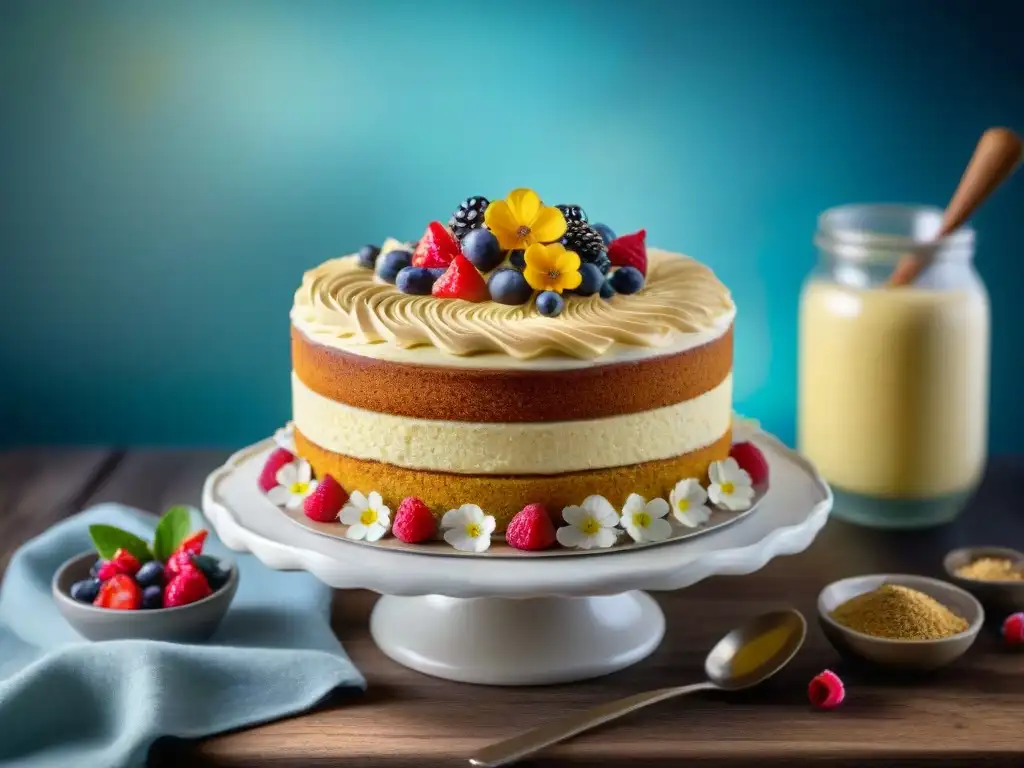 Deliciosa tarta sin gluten con bayas frescas y flores comestibles, en mesa rústica con ingredientes naturales