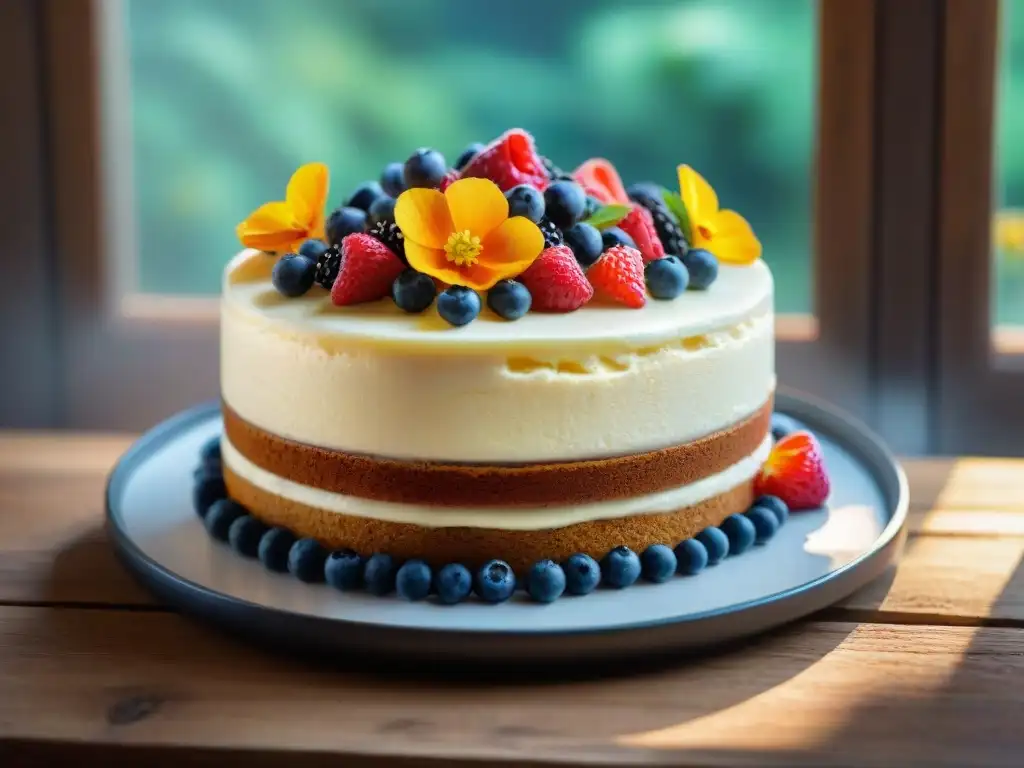 Deliciosa tarta sin gluten de leche en polvo, decorada con frutas y flores, sobre una mesa de madera rústica