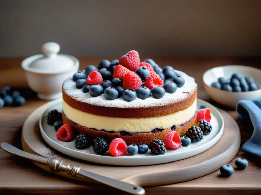 Una deliciosa tarta de harina de castaña sin gluten, adornada con frutos rojos frescos, sobre una mesa rústica