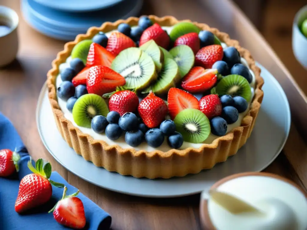 Deliciosa tarta primaveral sin gluten con frutas frescas y coloridas en una mesa rústica