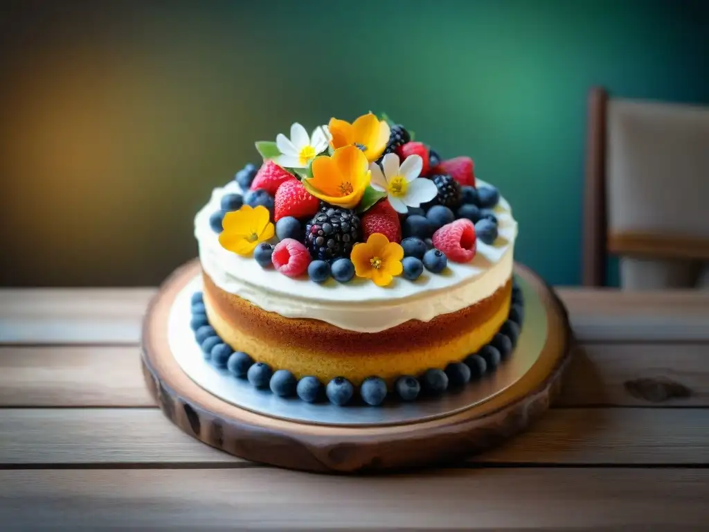 Deliciosa tarta vegana sin gluten con frutas frescas y flores comestibles en una mesa de madera rústica