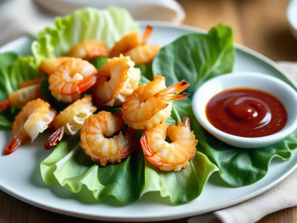 Deliciosa tempura sin gluten crujiente sobre lechuga fresca, con salsa casera, destacando su textura y sabor