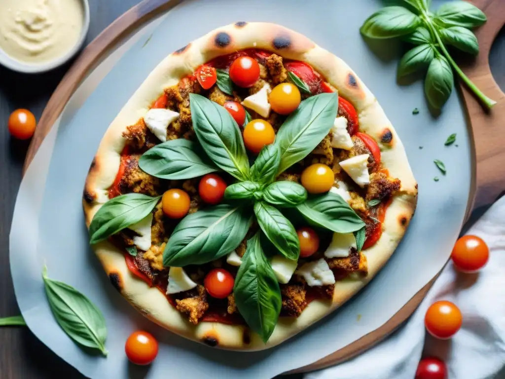 Deliciosa pizza paleo sin gluten con coliflor, tomates cherry, albahaca, pollo a la parrilla y queso de anacardo en cocina acogedora