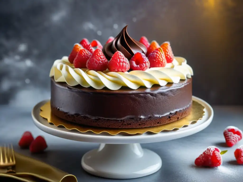 Una deliciosa torta sin gluten con ganache y frambuesas, decorada con detalles de chocolate y hojas de oro, en una pastelería bulliciosa