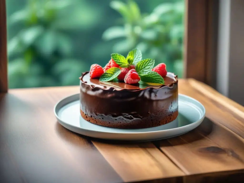Deliciosa tarta sin gluten con frambuesas y menta Deliciosa torta sin gluten con frutos rojos y menta en mesa rústica iluminada naturalmente
