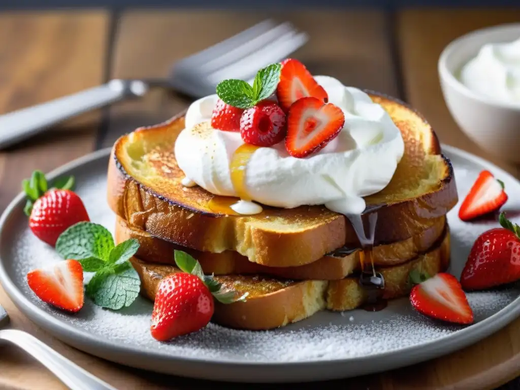 Deliciosa tostada francesa sin gluten con fresas, crema y sirope de arce en plato de madera