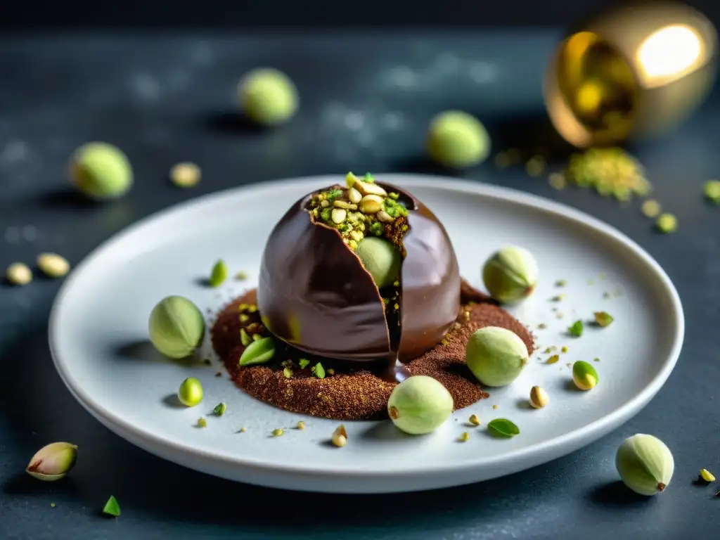 Deliciosa trufa de chocolate cubierta de pistachos sobre cama de cacao, con toques de oro