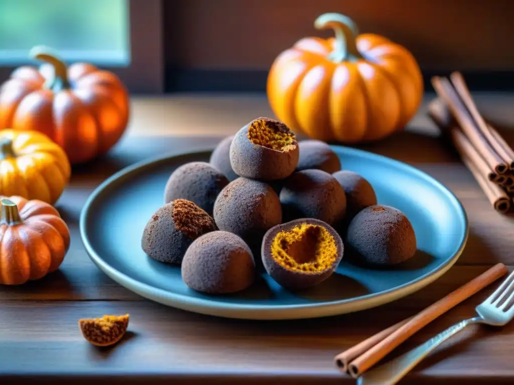 Deliciosa presentación de trufas de calabaza sin gluten en mesa rústica con canela y rodajas de calabaza