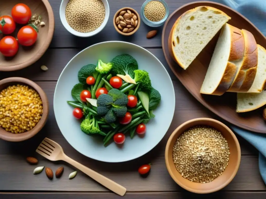 Deliciosa variedad de alimentos sin gluten para celíacos en mesa rústica