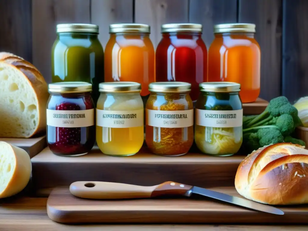 Deliciosas opciones sin gluten fermentadas en detalle Una deliciosa variedad de alimentos fermentados sin gluten, que resaltan sus beneficios y la digestibilidad, exhibidos en una mesa rústica de madera