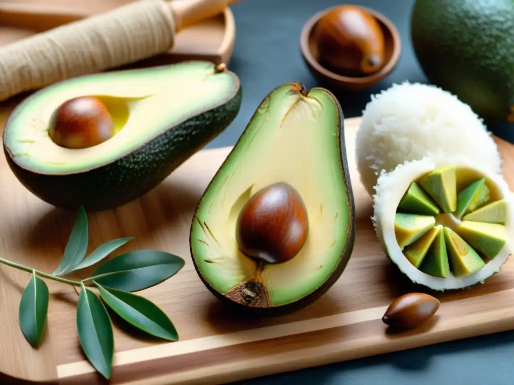 Deliciosa variedad de alimentos ricos en grasas saludables para dieta sin gluten: aguacate, frutos secos, semillas y aceitunas en tabla de madera