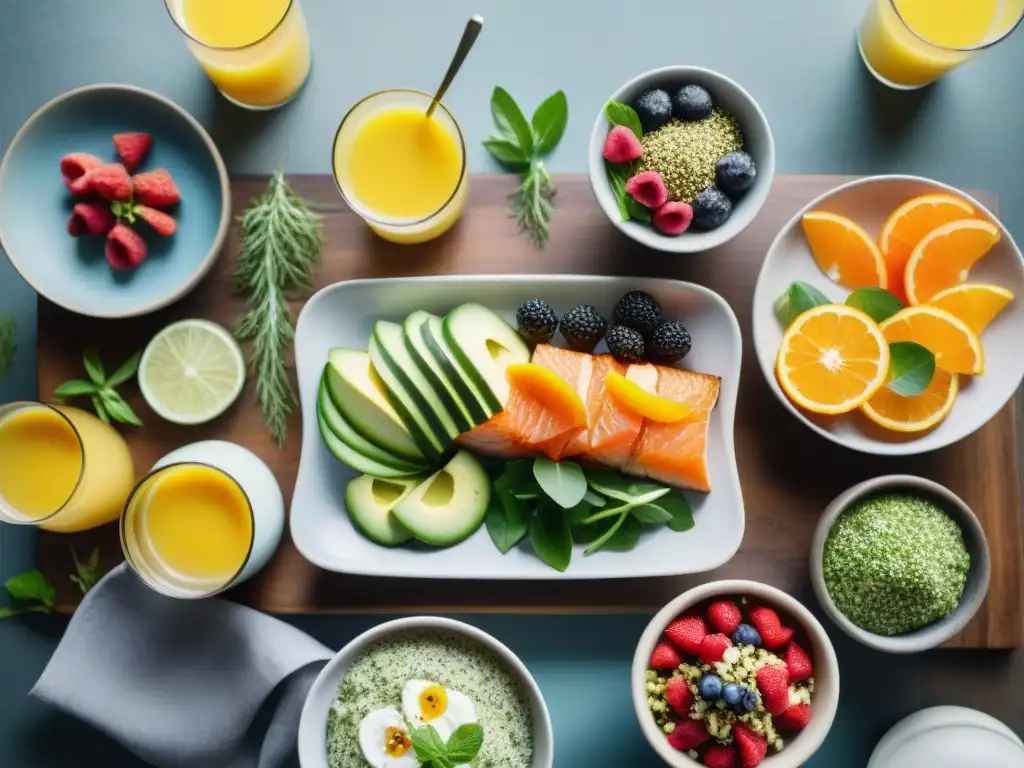 Deliciosa variedad de brunch sin gluten innovador, con quinoa, salmón, chía y jugo de naranja, en mesa rústica