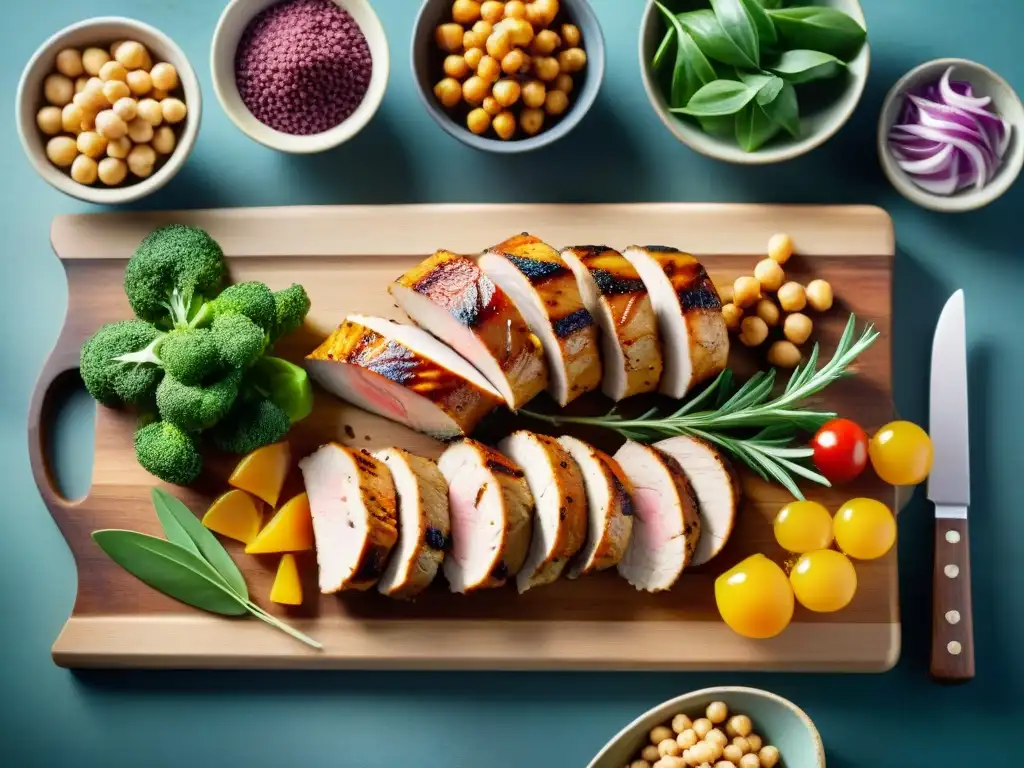 Una deliciosa variedad de carnes sin gluten alternativas saludables y opciones vegetales, presentadas de forma vibrante en una tabla de madera rústica