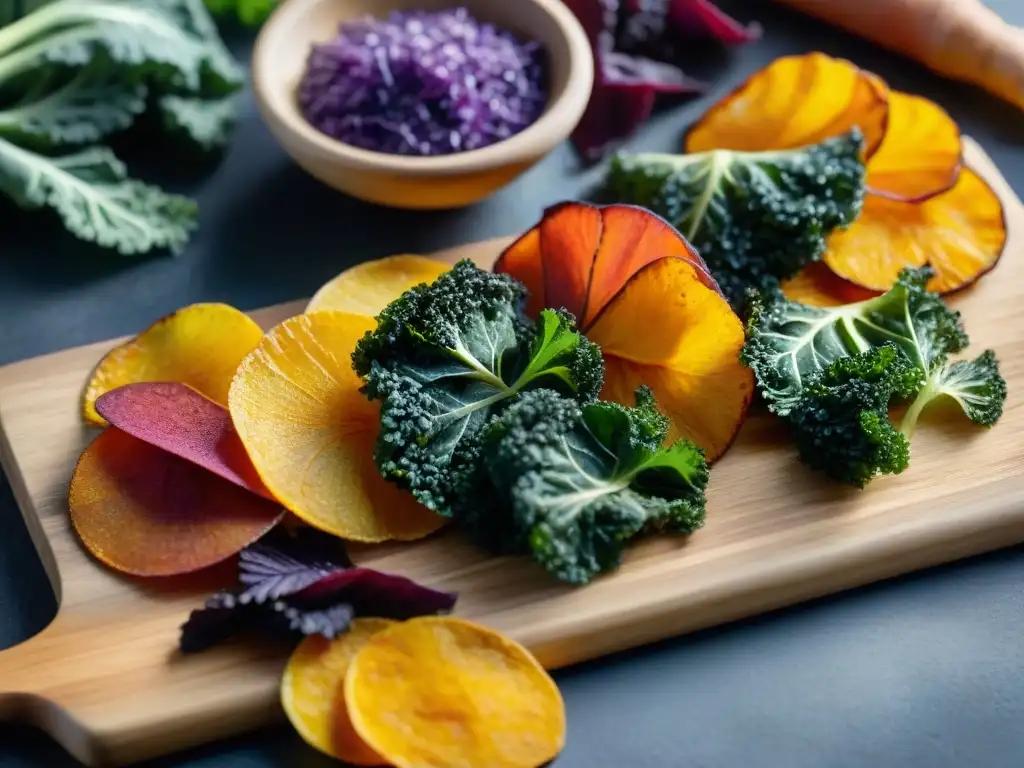 Una deliciosa variedad de Chips de verduras sin gluten sobre tabla de madera rústica