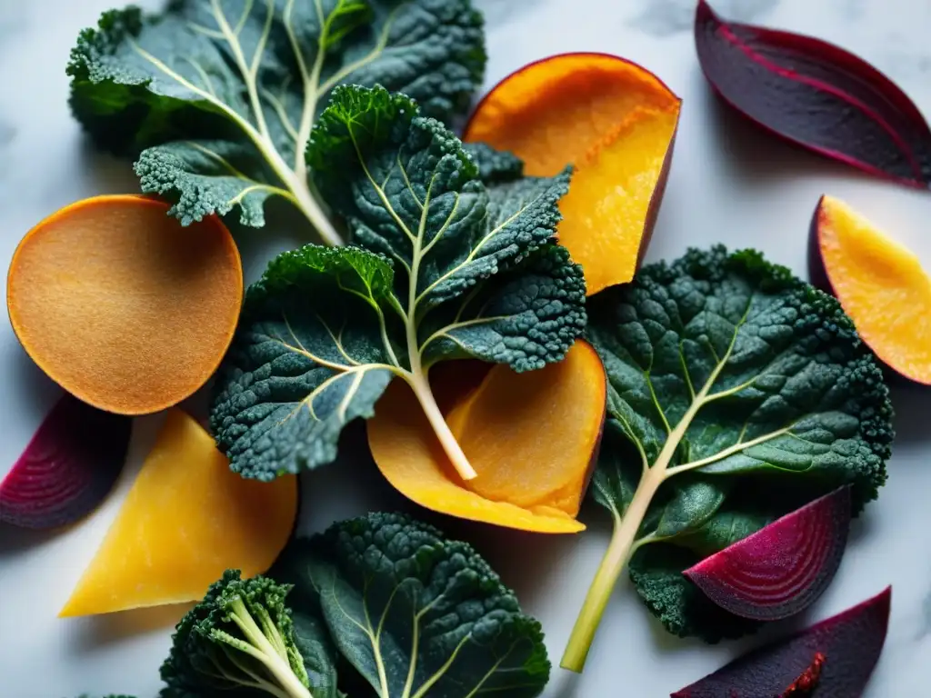 Una deliciosa variedad de chips de verduras sin gluten dispuestas de forma vibrante y colorida