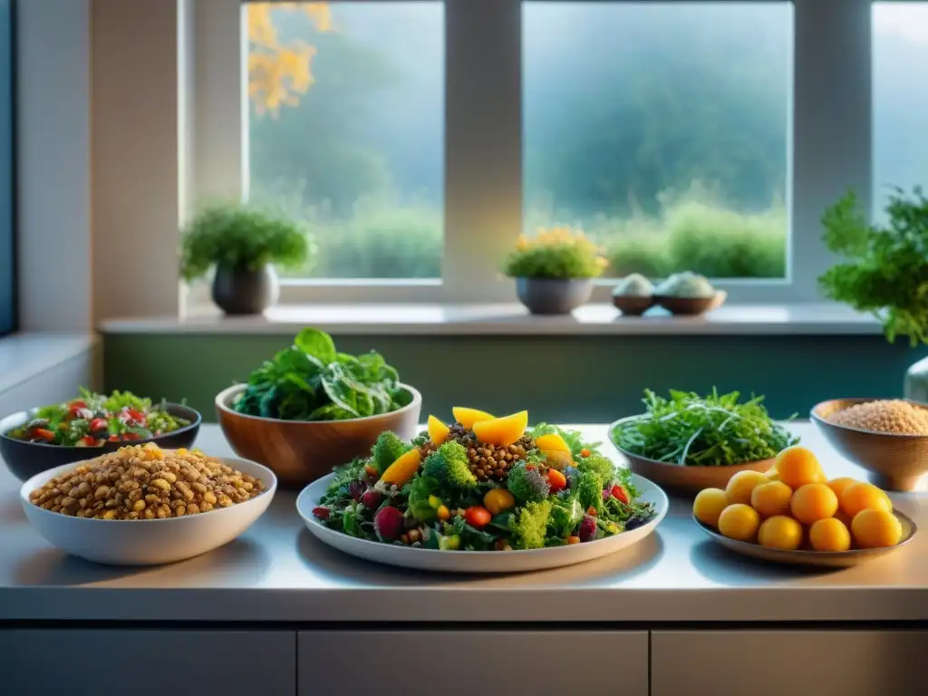 Deliciosa variedad de ensaladas invernales sin gluten en cocina acogedora