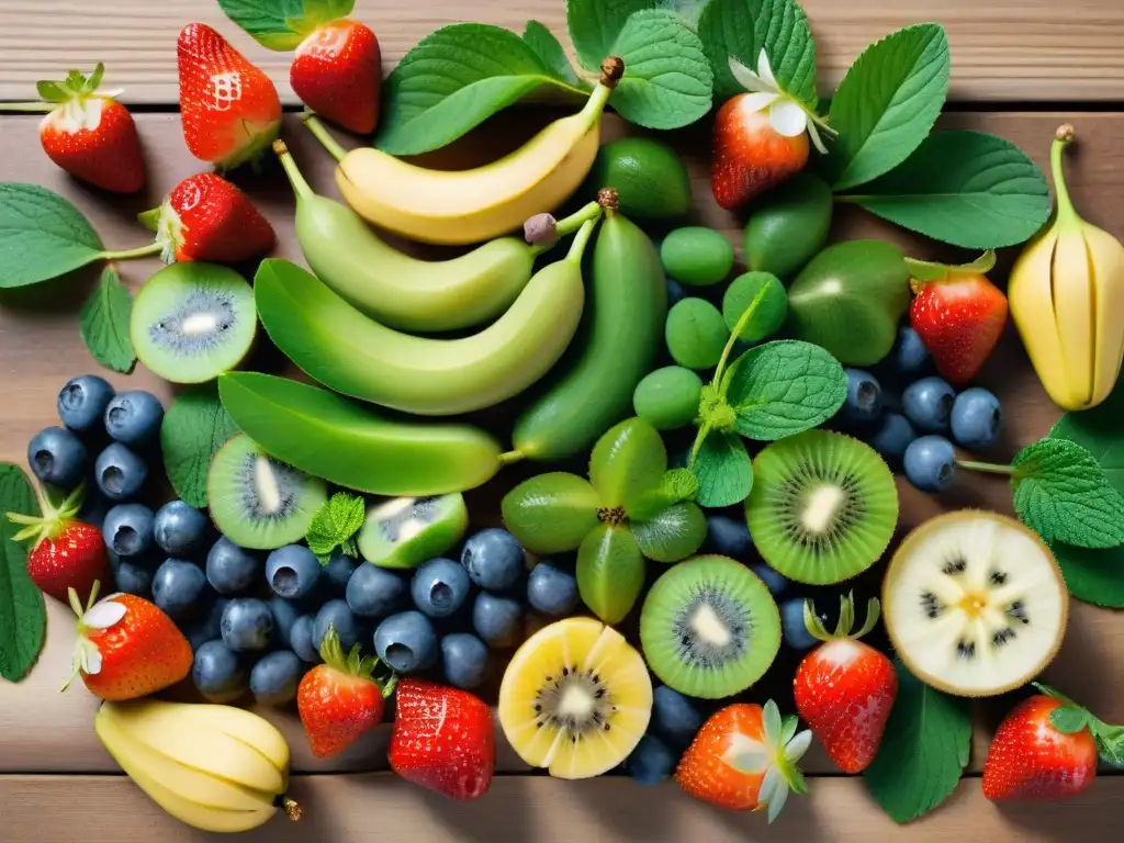 Una deliciosa variedad de frutas frescas en una mesa de madera rústica, rodeada de hojas de menta y flores comestibles