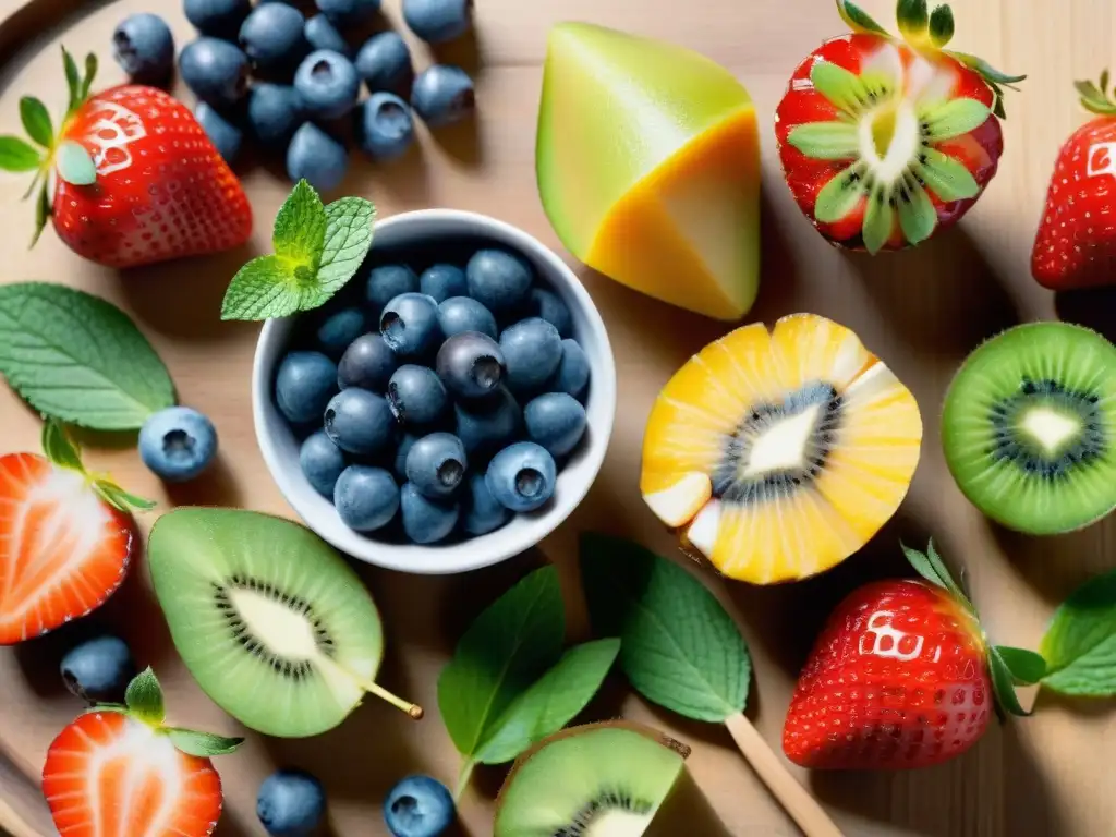 Una deliciosa variedad de frutas frescas en una tabla de madera, creando meriendas sin gluten con frutas vibrantes y saludables