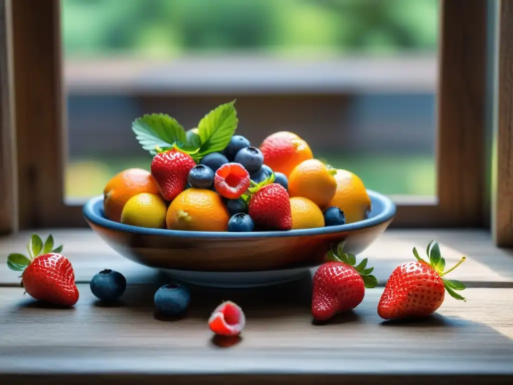 Deliciosa variedad de frutas frescas con vinagre de frutas sin gluten en mesa rústica